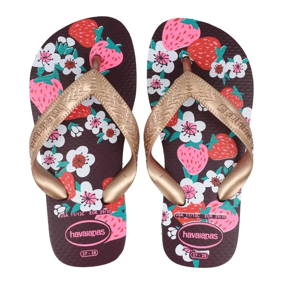 Havaianas Flores Sandal Kids Sz 11/12C Rubber Gold Purple Floral Flip Flops